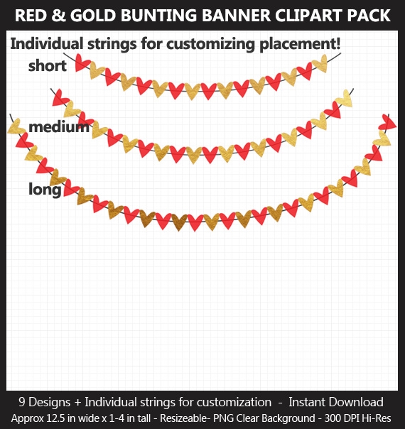 Red &amp; Gold Foil Bunting Banner Clipart Pack - Wedding, Valentine&#x27;s Day, Birthday, Heart, Star, Penna