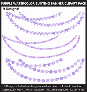 Purple Watercolor Bunting Banner Clipart Pack - Wedding, Baby Shower, Birthday, Hearts, Stars