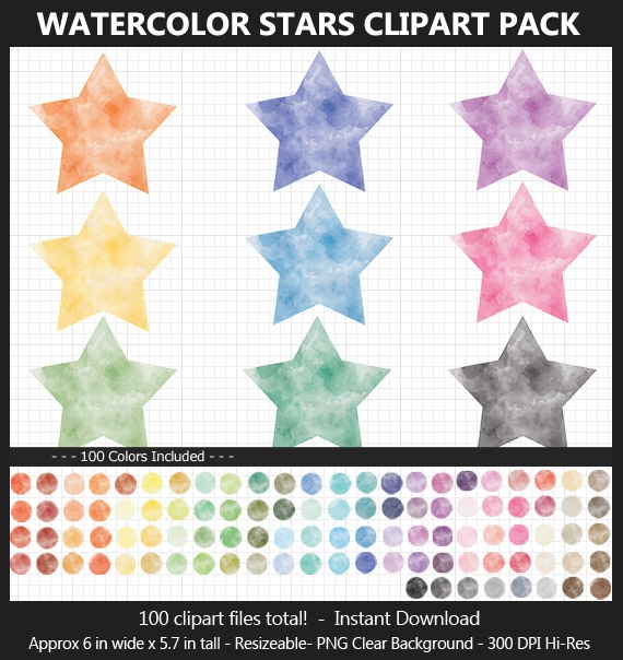 Watercolor Stars Clipart Pack - 100 Colors, Printable, Scrapbook, Planner Sticker, Bulletin Board	