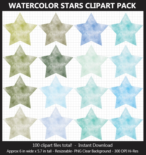 Watercolor Stars Clipart Pack - 100 Colors, Printable, Scrapbook, Planner Sticker, Bulletin Board	