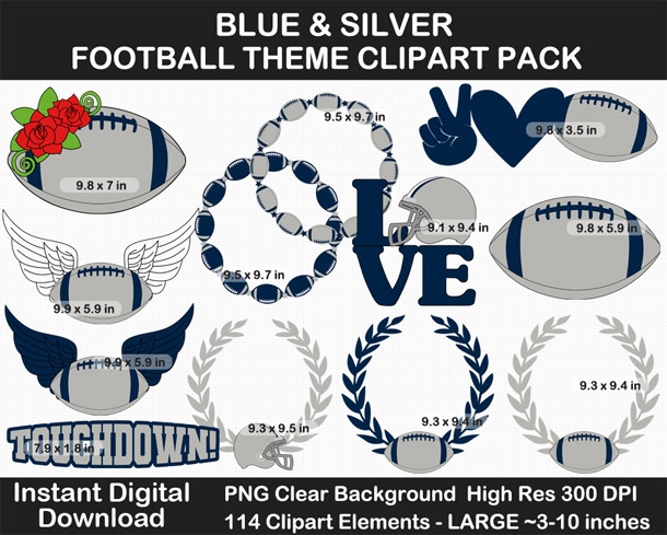 Blue and Silver Football Theme Clip Art - Helmet, Logo, Label, Pennant Banner, Birthday
