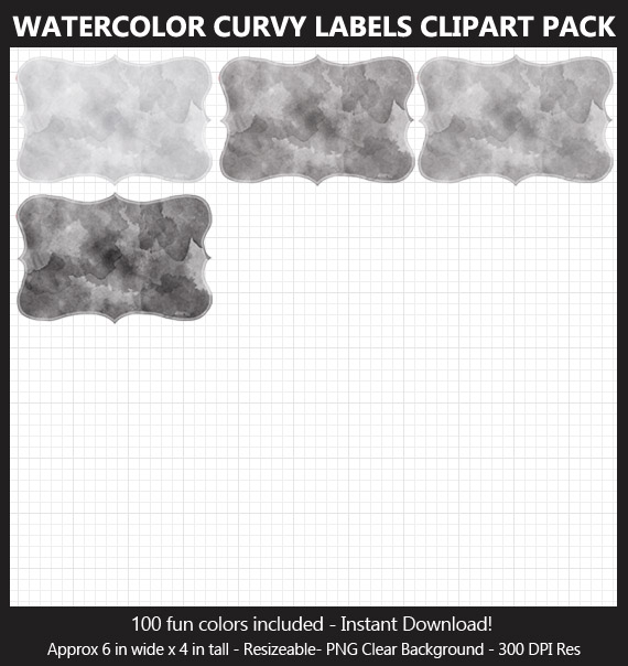 Watercolor Curvy Labels Clipart Pack - 100 Colors, Scrapbook, Party Food Labels, School Binders