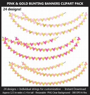 Pink and Gold Bunting Banner Clipart Pack - Wedding, Baby Shower, Birthday, Heart, Stars, Pennant	