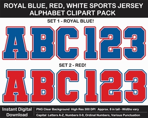 Royal Blue, Red, White Sports Jersey Alphabet Clipart - Varsity Letters, Numbers, Superbowl, Sign