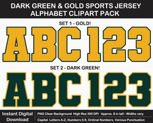 Dark Green and Gold Sports Jersey Alphabet Clipart - Varsity Letters, Numbers, Superbowl, Sign	