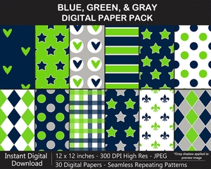 Blue, Green, and Gray Digital Paper Pack - SEAMLESS Repeating Pattern, Scrapbook, Wrapping Paper