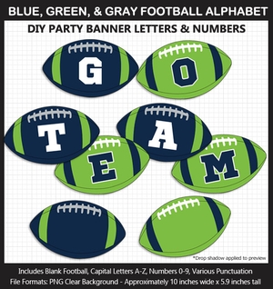 Blue, Green, Gray Football Alphabet Banner Clip Art - Letters, Numbers, Superbowl, DIY Football Bday