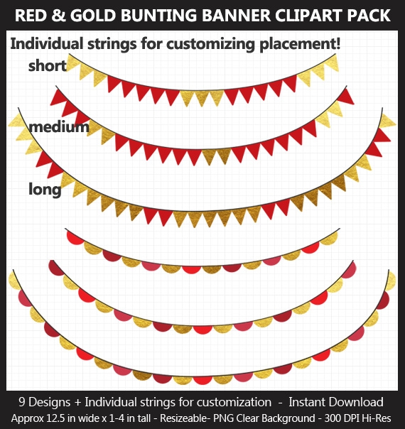 Red &amp; Gold Foil Bunting Banner Clipart Pack - Wedding, Valentine&#x27;s Day, Birthday, Heart, Star, Penna