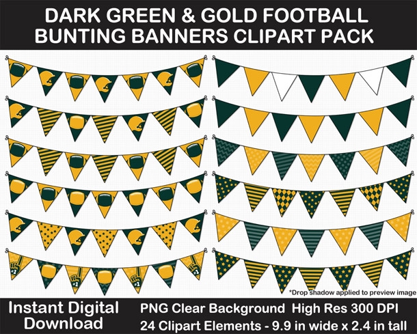 Dark Green and Gold Football Bunting Banners Clipart - Helmet, Foam Finger, Cheer, Pennant, Print