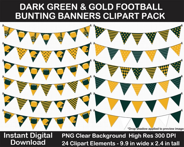 Dark Green and Gold Football Bunting Banners Clipart - Helmet, Foam Finger, Cheer, Pennant, Print