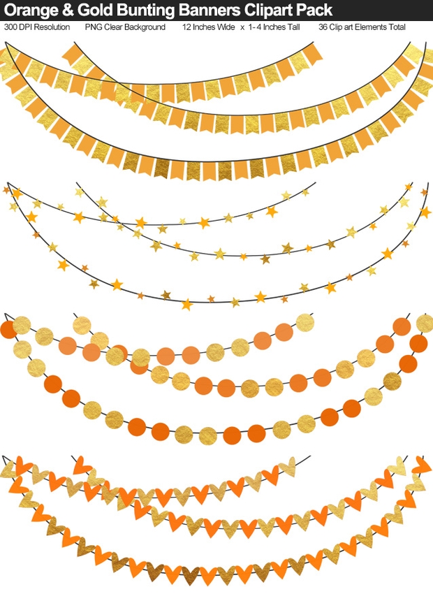Orange &amp; Gold Bunting Banner Clipart Pack - Wedding, Baby Shower, Birthday, Heart, Stars, Pennant	