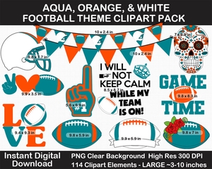 Aqua, Orange, and White Football Theme Clip Art - Helmet, Logo, Label, Pennant Banner, Birthday