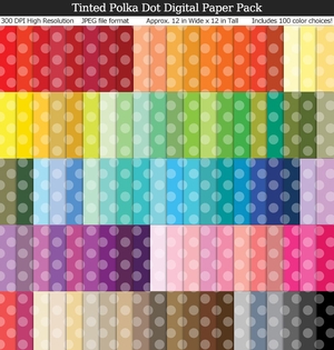 Tinted Polka Dot Digital Paper Pack - 100 Rainbow Colors, Pastel, Scrapbook Background	