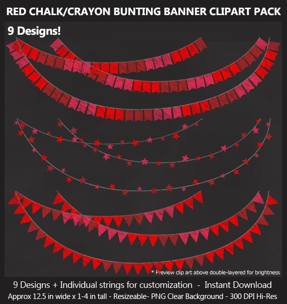 Red Chalk Bunting Banner Clipart - Bonus Free Chalkboard Papers - Wedding, Baby Shower, Birthday	