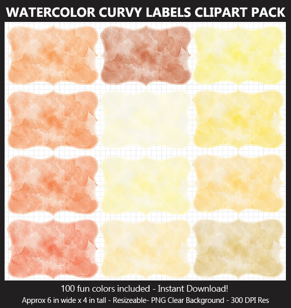 Watercolor Curvy Labels Clipart Pack - 100 Colors, Scrapbook, Party Food Labels, School Binders