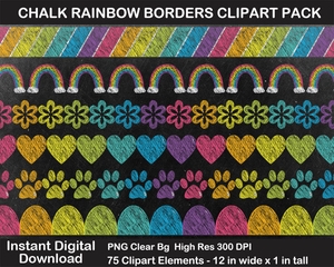 Chalk Rainbow Borders Clipart Pack - BONUS FREE Chalkboard Papers, Scrapbook Border, Blackboard