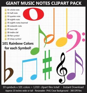 Giant Music Notes Clipart Pack - 101 Fun Colors, Treble Clef, Eighth Note, Whole Note, Half Note	