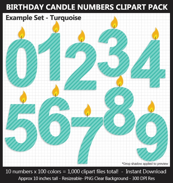 Birthday Candle Numbers Clipart Pack - 100 Colors, Birthday Sign, Printable, 10 Inches, Scrapbook