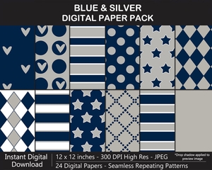 Blue and Silver Digital Paper Pack - SEAMLESS, Scrapbook, Background, Football, Wrapping Paper