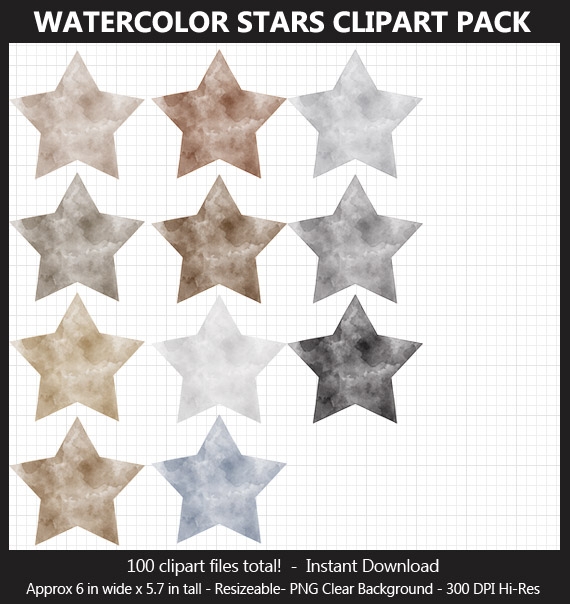 Watercolor Stars Clipart Pack - 100 Colors, Printable, Scrapbook, Planner Sticker, Bulletin Board	
