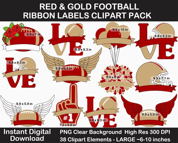 Red, Gold,  White Football Ribbon Labels Clipart Pack - Helmet, Cheer Pom Pom, Printable, Sign	