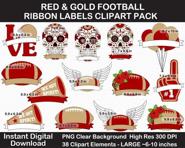 Red, Gold,  White Football Ribbon Labels Clipart Pack - Helmet, Cheer Pom Pom, Printable, Sign	