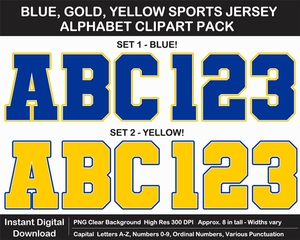 Blue, Gold, Yellow Sports Jersey Alphabet Clipart - Varsity Letters, Numbers, Superbowl, Sign