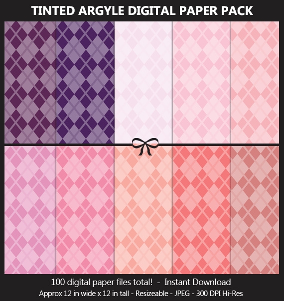 Tinted Argyle Pattern Digital Paper Pack - 100 Colors, Fabric Cloth Pattern, Scrapbook Background