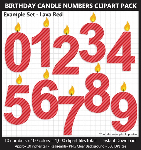Birthday Candle Numbers Clipart Pack - 100 Colors, Birthday Sign, Printable, 10 Inches, Scrapbook