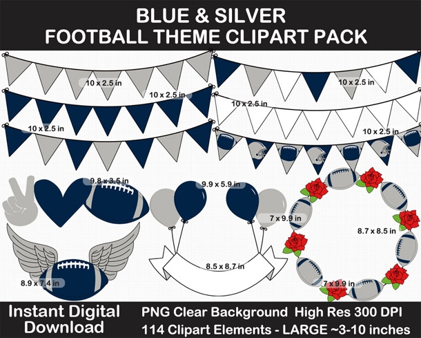 Blue and Silver Football Theme Clip Art - Helmet, Logo, Label, Pennant Banner, Birthday