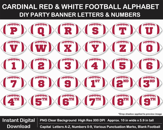 Cardinal Red and White Football Alphabet Banner Clip Art - Letters, Numbers, Superbowl, Birthday