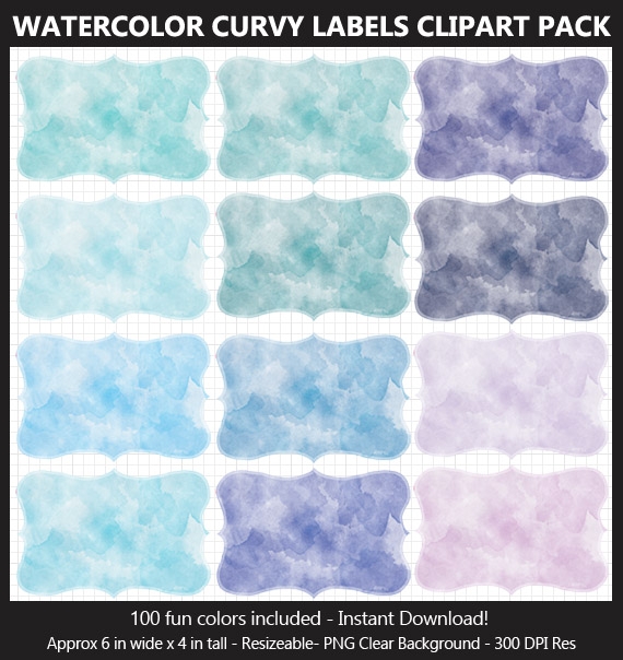 Watercolor Curvy Labels Clipart Pack - 100 Colors, Scrapbook, Party Food Labels, School Binders
