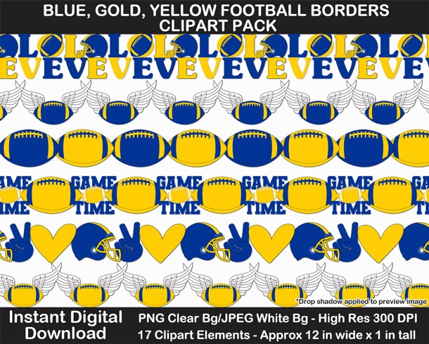 Blue, Gold, Yellow Football Borders Clipart - Printable, Scrapbook Border, Page Border, Bulletin
