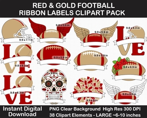 Red and Gold Football Ribbon Labels Clipart Pack - Helmet, Cheer Pom Pom, Printable, Sign