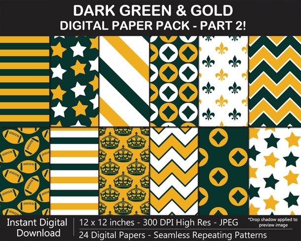 Dark Green and Gold Digital Paper Pack - SEAMLESS, Scrapbook, Background, Football, Wrapping Paper	