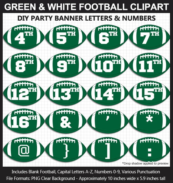 Green and White Football Alphabet Banner Clip Art - Letters, Numbers, Superbowl, DIY Football Party