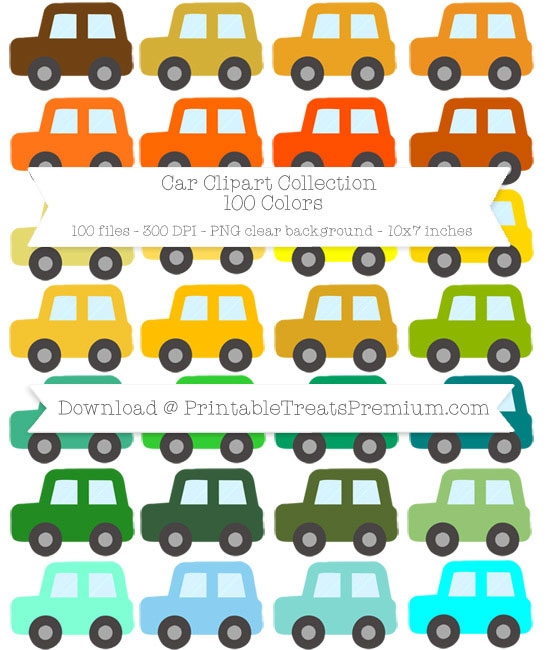 Car Clipart Pack - 100 Fun Colors, Large 10 Inches, Printable, Kids, Children, School, Teacher	
