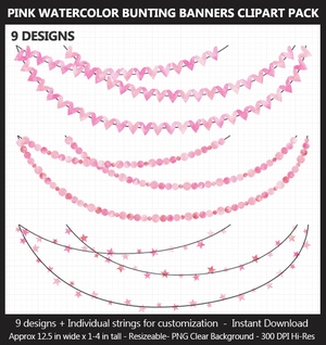 Pink Watercolor Bunting Banner Clipart Pack - Wedding, Baby Shower, Birthday, Heart, Stars, Pennant	