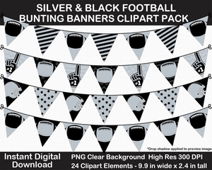 Silver and Black Football Bunting Banners Clipart Pack - Helmet, Foam Finger, Cheer, Pennant