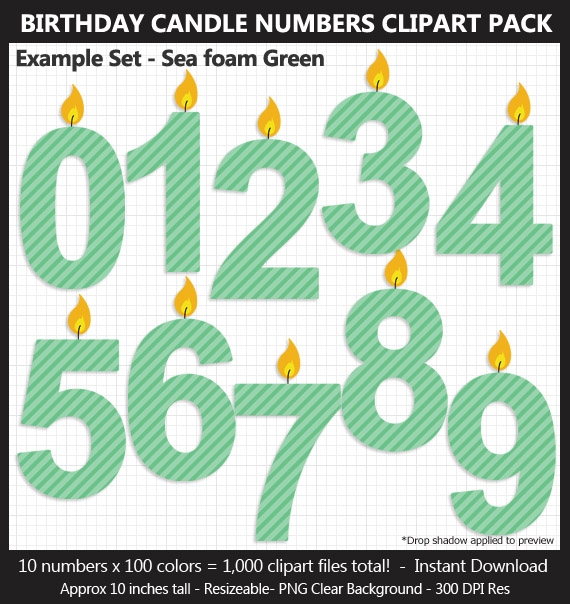 Birthday Candle Numbers Clipart Pack - 100 Colors, Birthday Sign, Printable, 10 Inches, Scrapbook