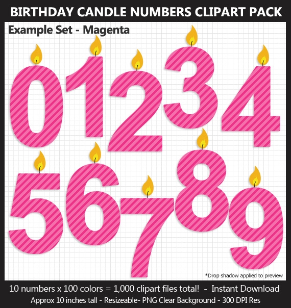 Birthday Candle Numbers Clipart Pack - 100 Colors, Birthday Sign, Printable, 10 Inches, Scrapbook
