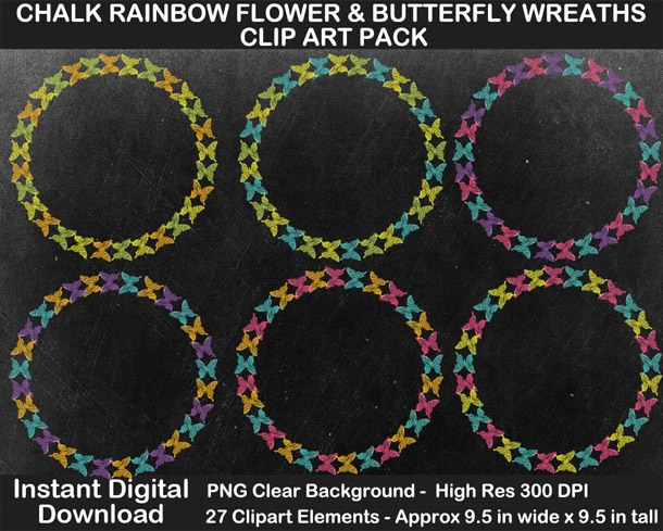 Chalk Rainbow Flower and Butterfly Wreaths Clipart Pack - Chalkboard, Scrapbook Border, Gift Tags	