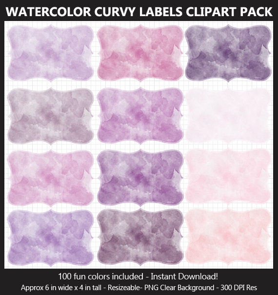 Watercolor Curvy Labels Clipart Pack - 100 Colors, Scrapbook, Party Food Labels, School Binders