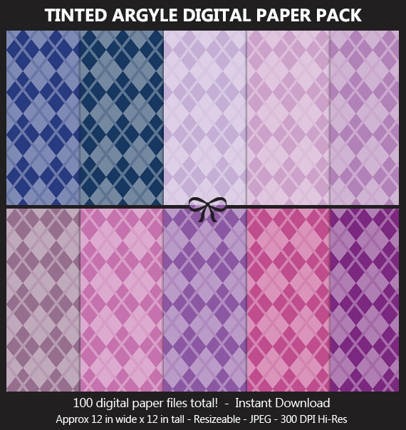 Tinted Argyle Pattern Digital Paper Pack - 100 Colors, Fabric Cloth Pattern, Scrapbook Background