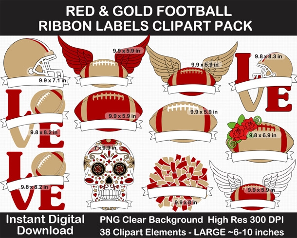 Red, Gold,  White Football Ribbon Labels Clipart Pack - Helmet, Cheer Pom Pom, Printable, Sign	