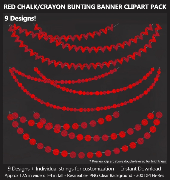 Red Chalk Bunting Banner Clipart - Bonus Free Chalkboard Papers - Wedding, Baby Shower, Birthday	
