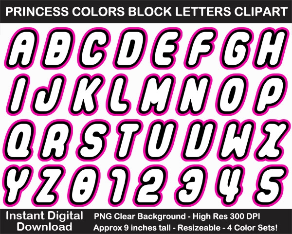 Princess Colors Block Letters Clipart - Letters, Numbers, Punctuation, 4 Color Sets, Large	