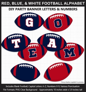 Red, Blue, and White Football Alphabet Banner Clip Art - Varsity Letters, Numbers, Superbowl