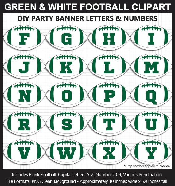 Green and White Football Alphabet Banner Clip Art - Letters, Numbers, Superbowl, DIY Football Party