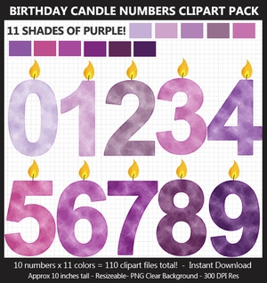 Purple Watercolor Birthday Candle Numbers Clipart Pack - Birthday Sign, Printable, 10 Inches, Card